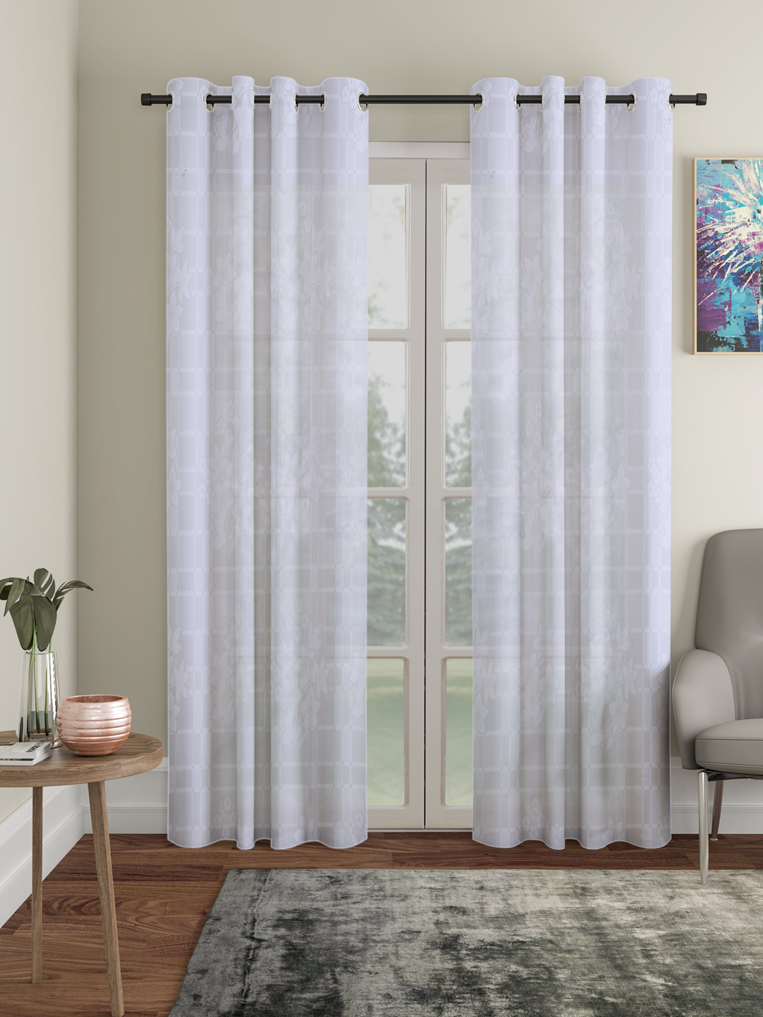 Checkered Floral Design Door Curtain Pack of 2